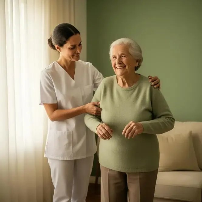 Dra. Cintia Godinho com paciente em atendimento domiciliar humanizado em Belo Horizonte